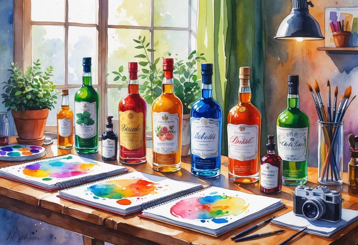 A workspace with paint palettes, brushes, liquor bottles with painted labels, and hobby items arranged on a wooden table near a window.