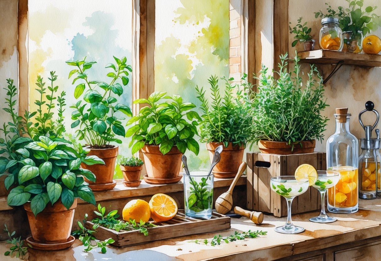 A windowsill with potted herbs and bartending tools including citrus fruits and cocktail glasses in a cozy kitchen setting.