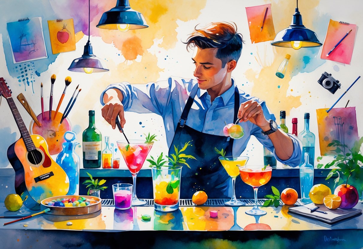 A bartender mixing colorful cocktails surrounded by artistic tools like paintbrushes, musical instruments, a sketchbook, and a camera at a bar.