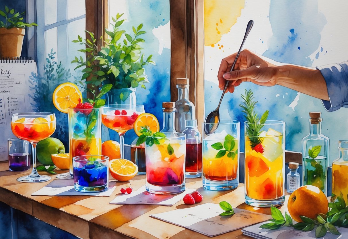 A bartending workspace with fresh fruits, herbs, cocktail glasses, and a hand stirring a drink on a wooden bar counter.