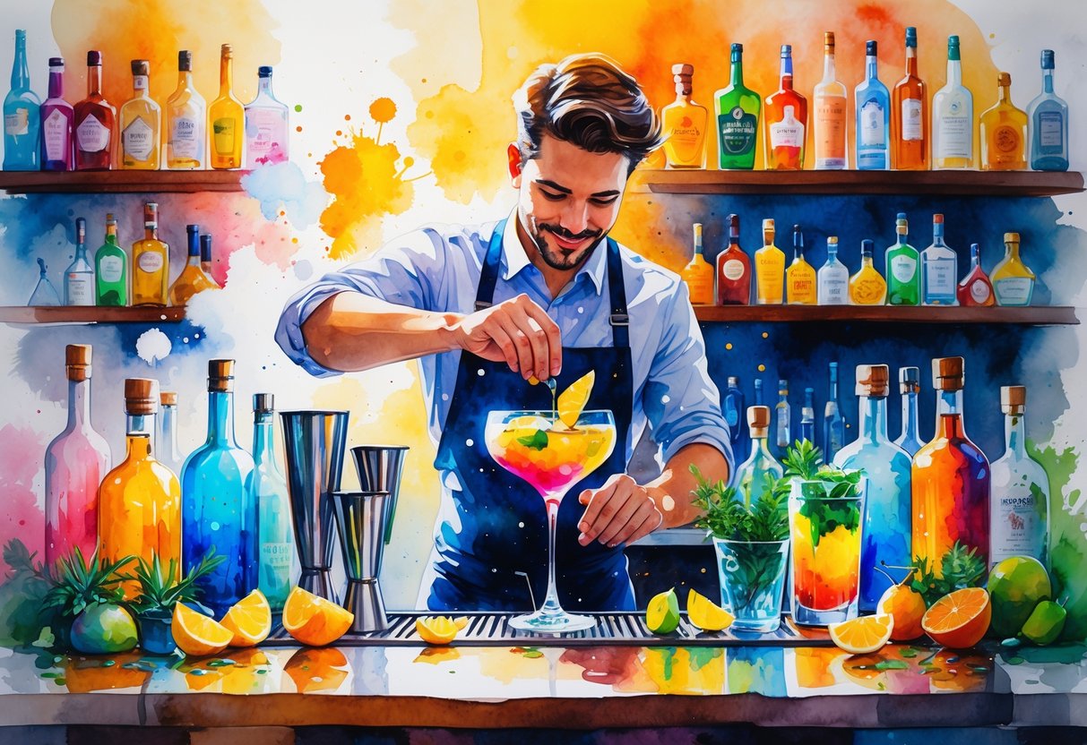 A bartender preparing a colorful cocktail surrounded by bottles, fresh ingredients, and bartending tools in a cozy bar setting.