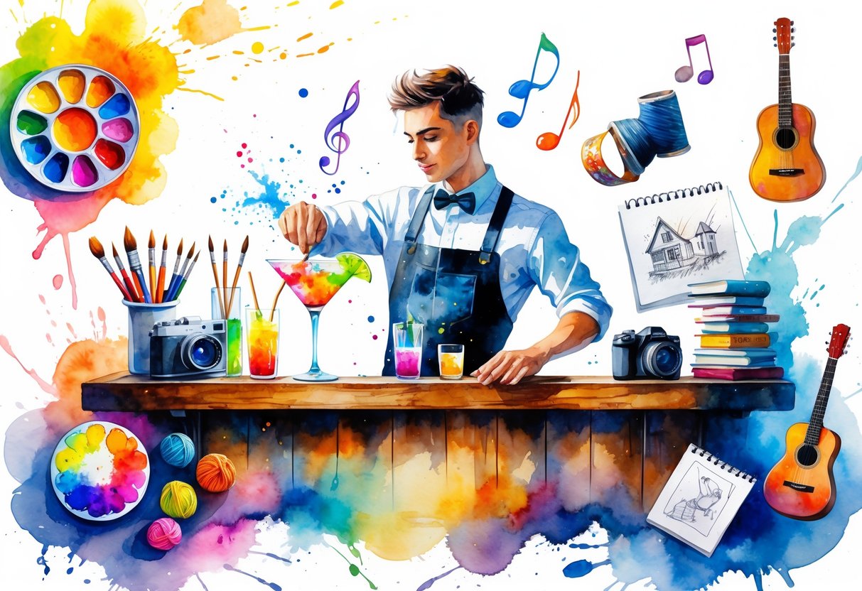 A bartender mixing a colorful cocktail surrounded by artistic tools like paintbrushes, a camera, knitting needles, a guitar, and a sketchbook in a cozy bar setting.