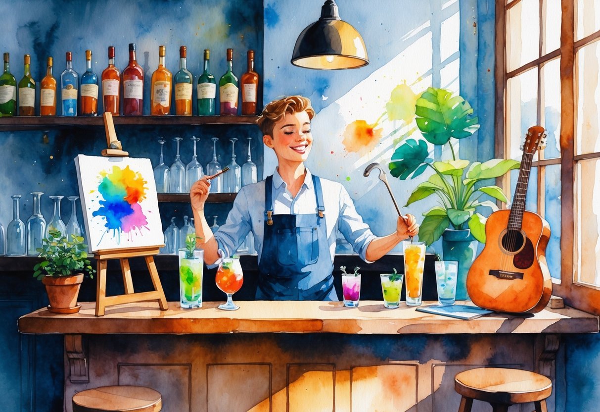 A bartender behind a bar counter surrounded by art supplies, a guitar, plants, and cocktail tools in a warm, cozy setting.