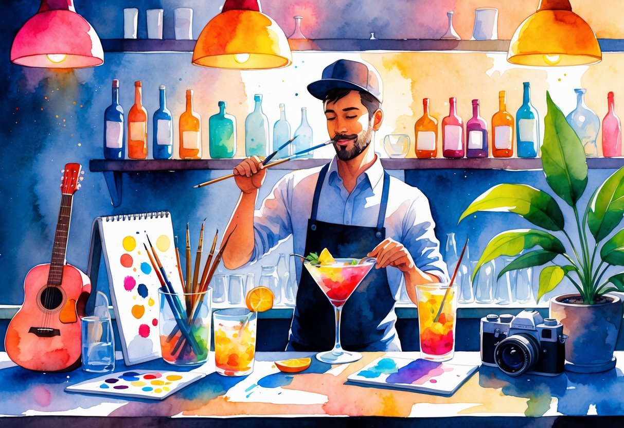 A bartender mixing drinks at a bar surrounded by painting supplies, a guitar, a camera, and plants in a warm and cozy setting.