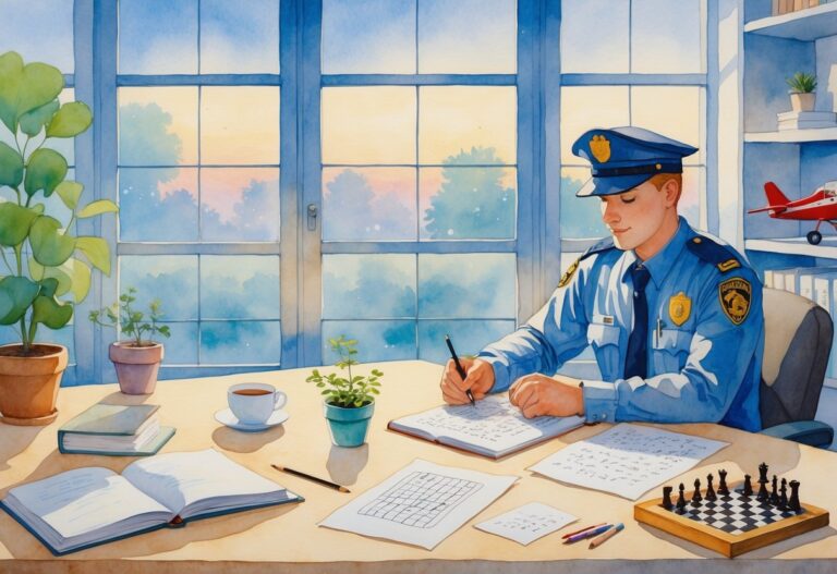 A security guard in a quiet office engaging in hobbies like reading, sketching, knitting, calligraphy, and solving puzzles, surrounded by calming objects.