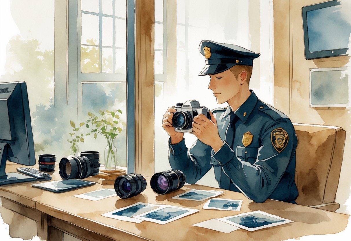A security guard sitting by a window holding a camera with photography equipment on a table nearby in a quiet security room.
