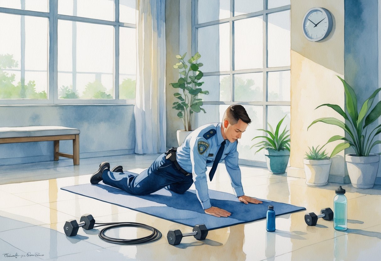 A security guard in uniform stretching on a yoga mat indoors with fitness equipment nearby.