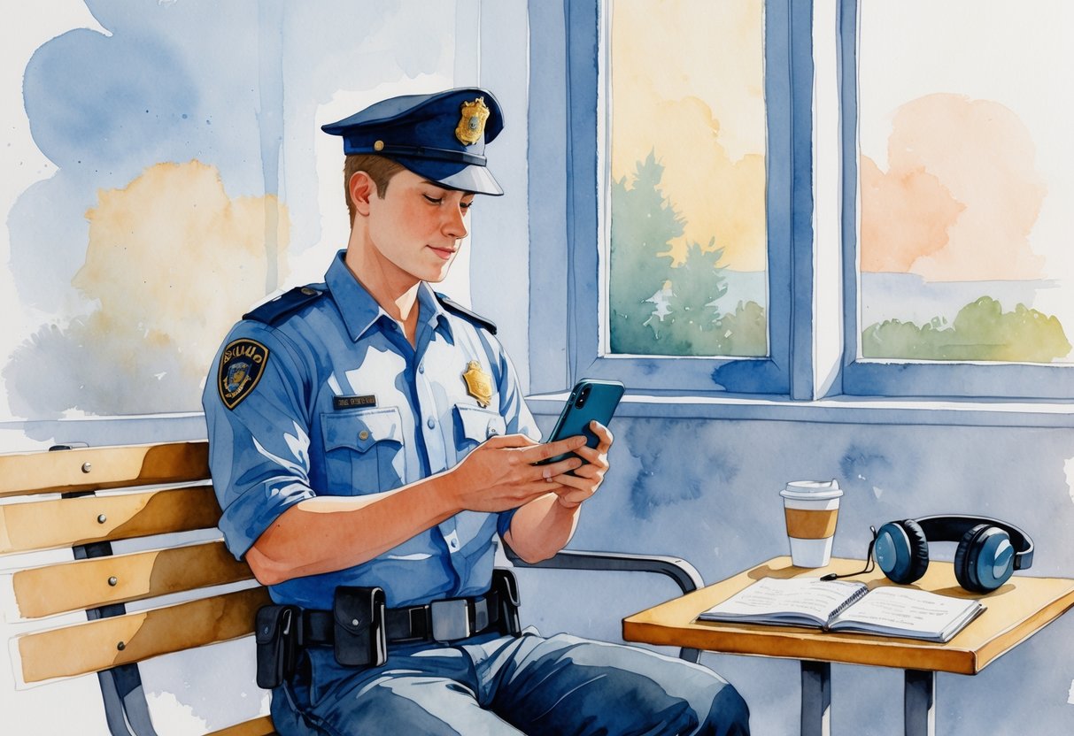 A security guard sitting on a bench using a smartphone for language learning during a quiet shift in a calm break room.