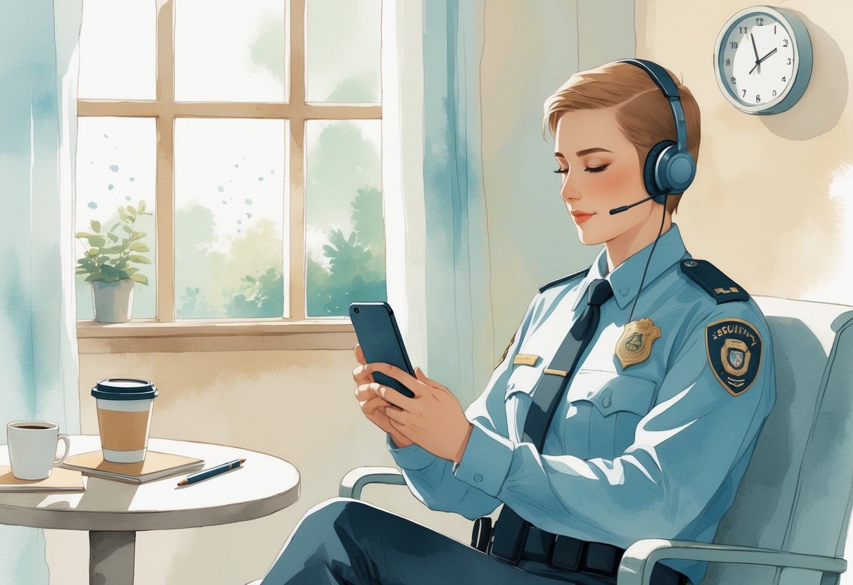 A security guard sitting in a break room, wearing headphones and listening to a device, surrounded by a coffee cup, a clock, and a notepad.