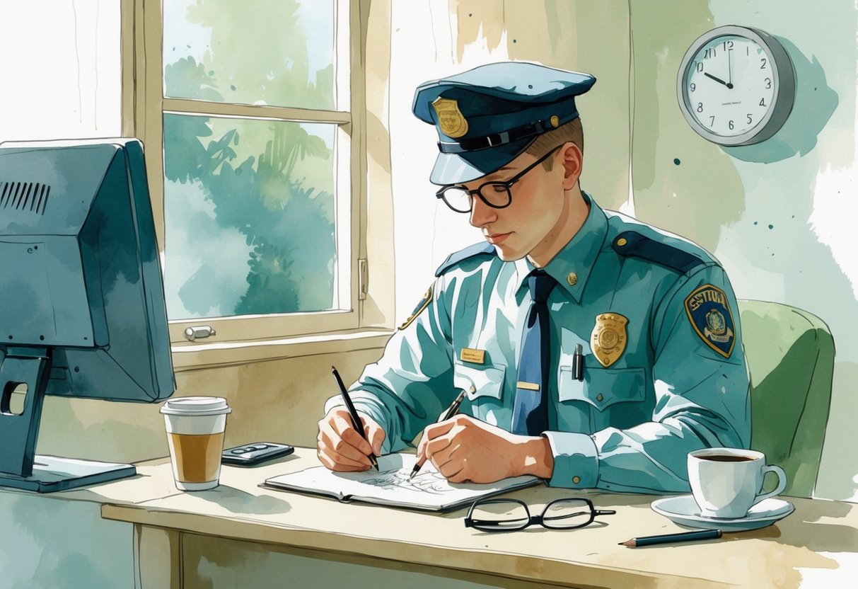 A security guard sitting at a desk by a window, sketching on a pad with pens and a coffee cup nearby in a quiet office.
