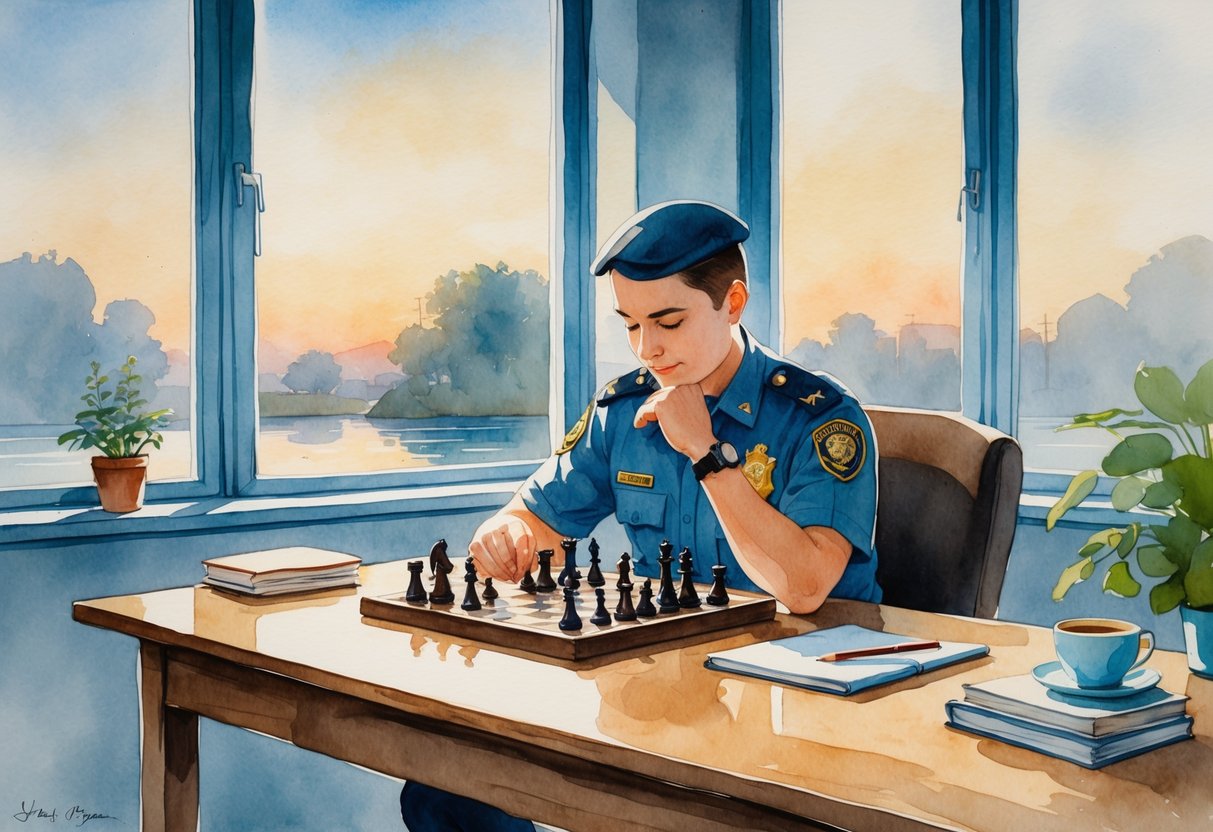 A security guard in uniform sits at a table playing chess in a softly lit room with a window showing evening outside.