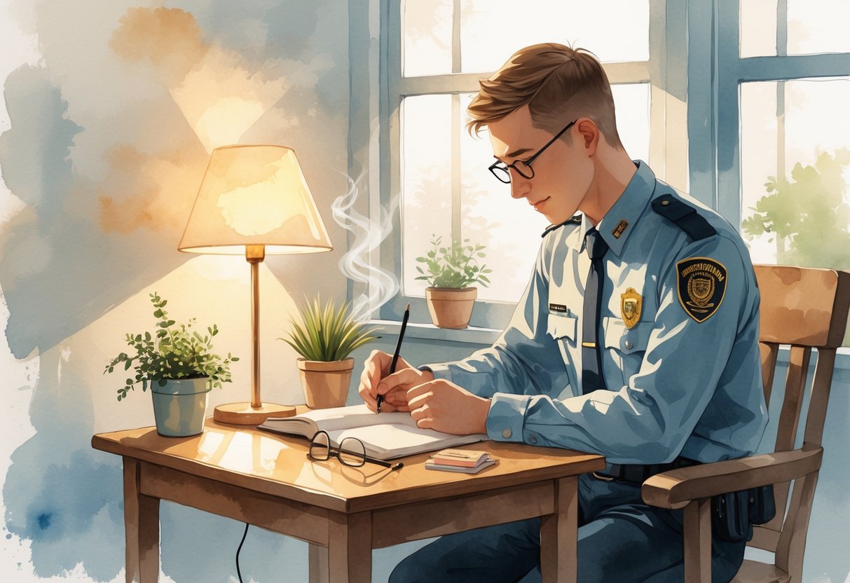 A security guard writing in a notebook at a desk in a quiet office with a lamp and a window letting in soft light.