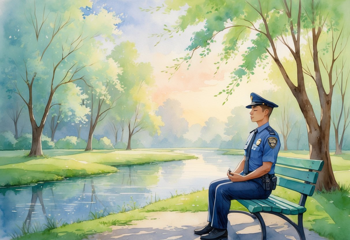 A security guard sitting on a bench in a park, meditating peacefully with eyes closed.