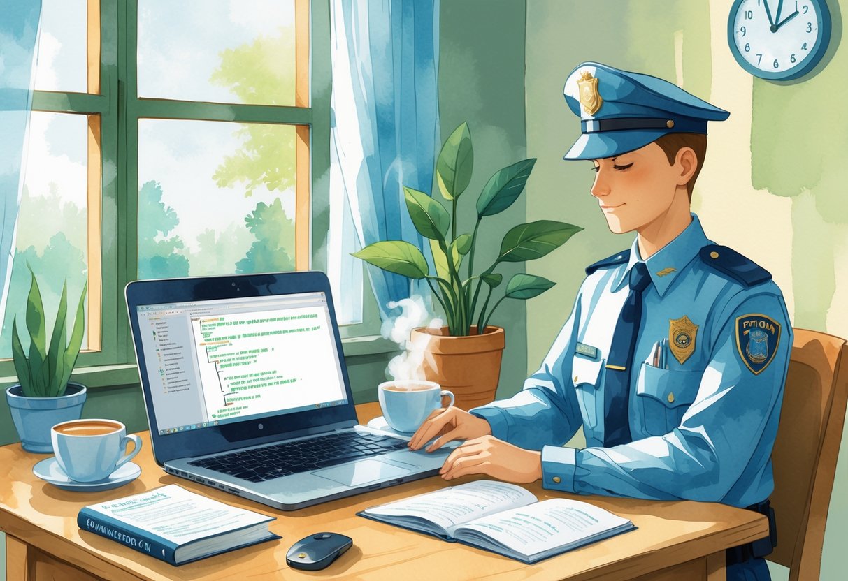 A security guard sitting at a desk by a window, focused on a laptop with Python code, surrounded by books and a cup of tea.