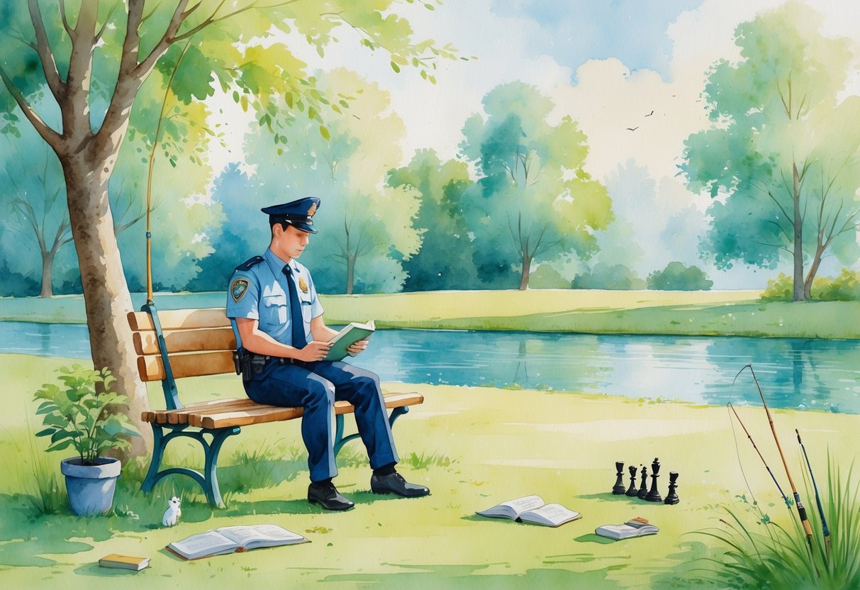 A security guard in uniform enjoying quiet hobbies outdoors, including reading, sketching, yoga, and gardening, surrounded by greenery and a peaceful pond.