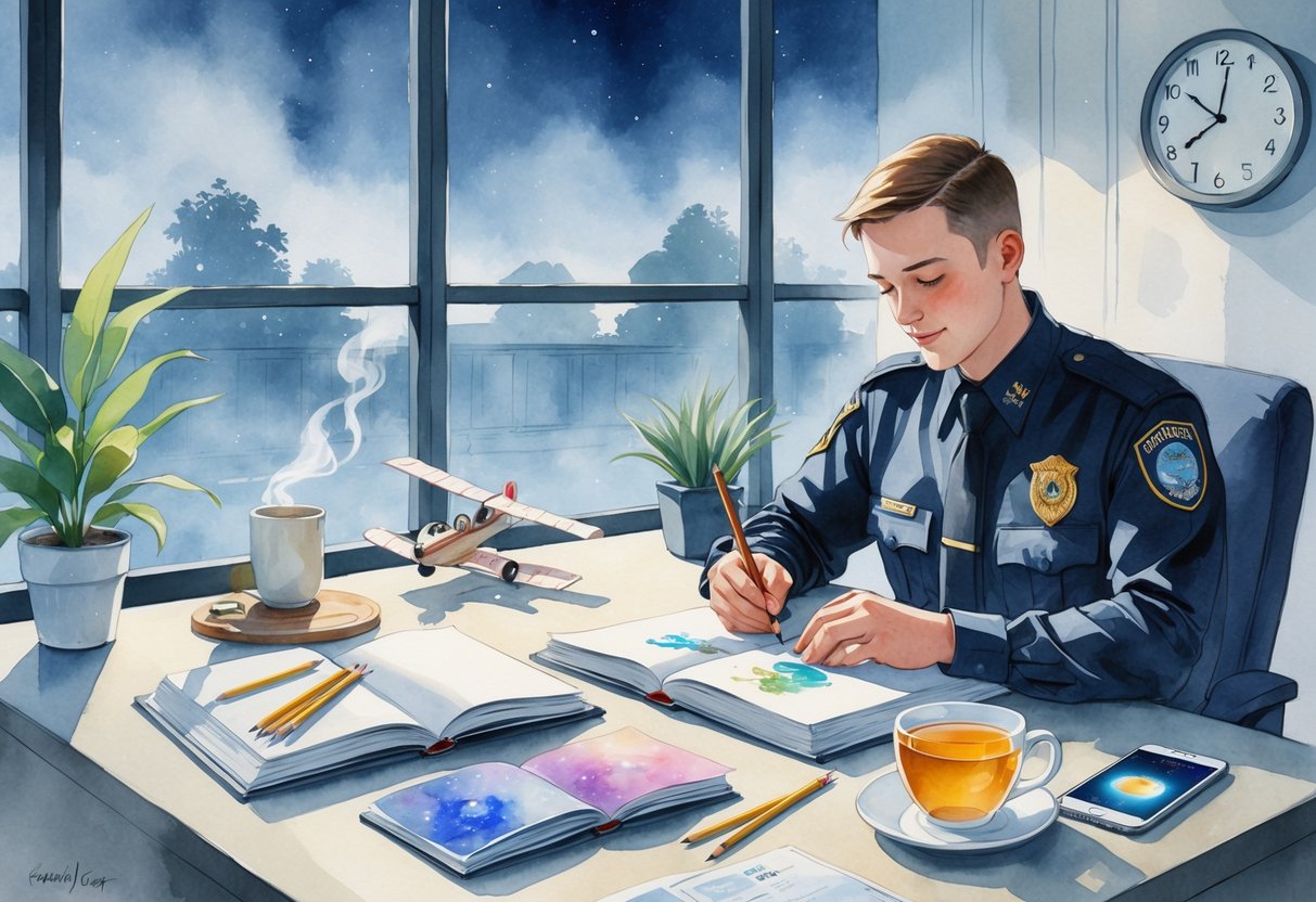 A security guard sitting at a desk during a quiet night shift, surrounded by hobby items like a sketchbook, knitting materials, a model airplane, and a book, in a calm indoor setting.