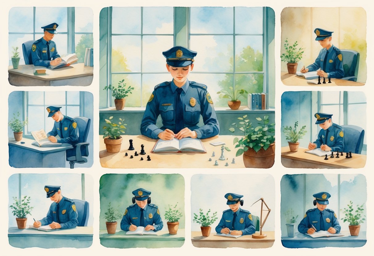 A security guard quietly engaging in various hobbies like reading, sketching, knitting, meditating, and playing chess inside a calm office with a window showing an outdoor view.