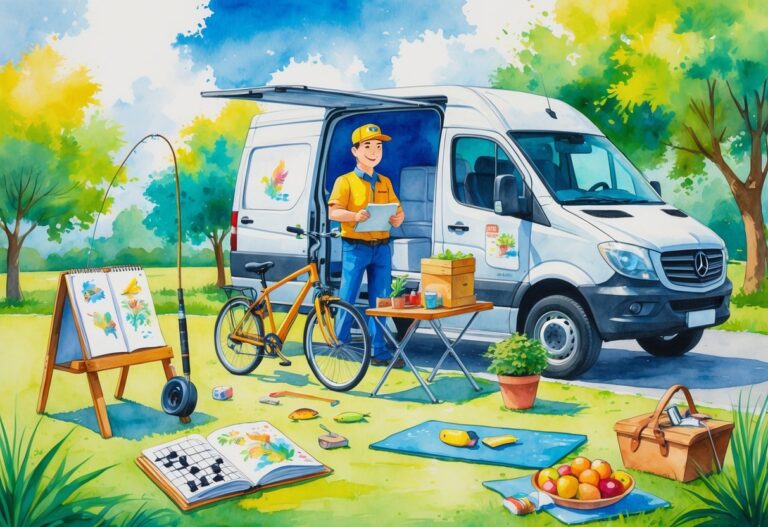 A delivery driver standing beside a van in a park, surrounded by items representing hobbies like fishing, drawing, cycling, listening to music, playing chess, photography, gardening, reading, yoga, and having a picnic.