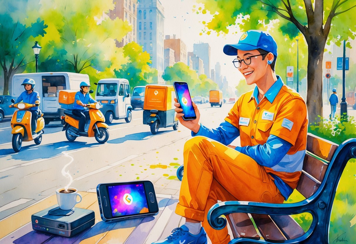 A delivery driver sitting on a park bench playing a game on a smartphone, surrounded by city street and trees.