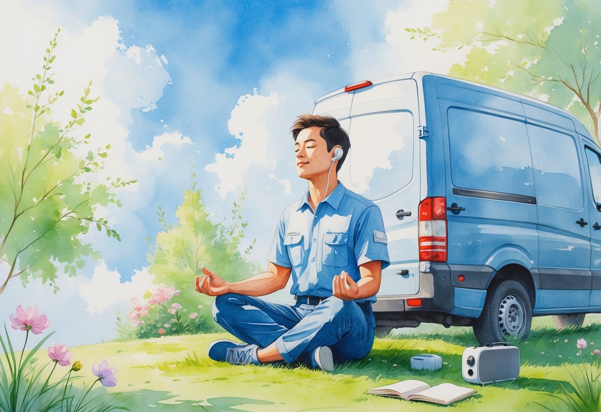 A delivery driver sitting peacefully on grass near their van, meditating with eyes closed surrounded by flowers, trees, and hobby items.