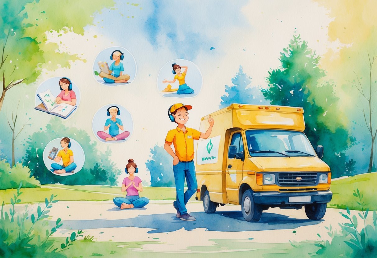 A delivery driver standing near a van in a park, surrounded by scenes of hobbies like sketching, listening to music, yoga, photography, and reading.