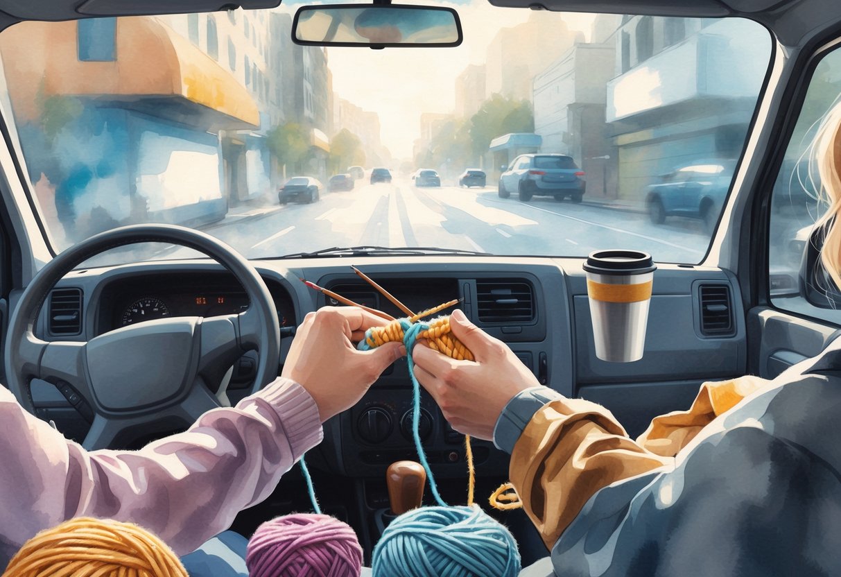 Hands knitting with colorful yarn inside a delivery vehicle, with a cityscape visible through the window.