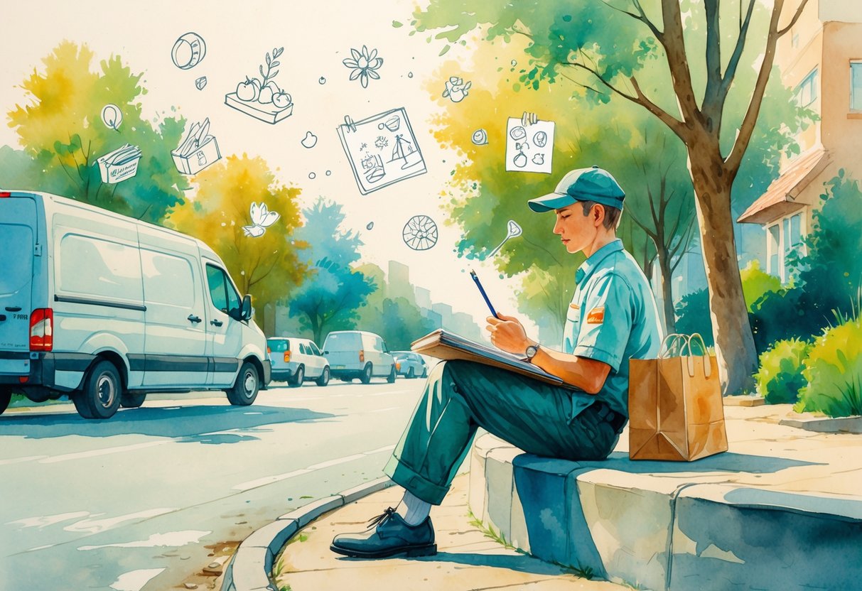 A delivery driver sitting on a curb sketching in a notebook with delivery vehicles and trees in the background.