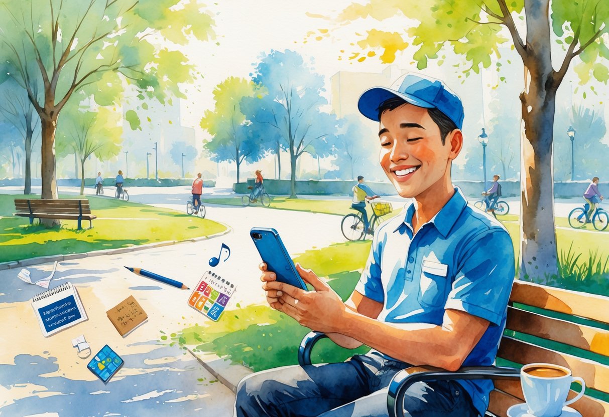 A delivery driver sitting on a park bench using a smartphone, surrounded by items representing hobbies like a sketchbook, music player, puzzle, and coffee, with trees and a path in the background.