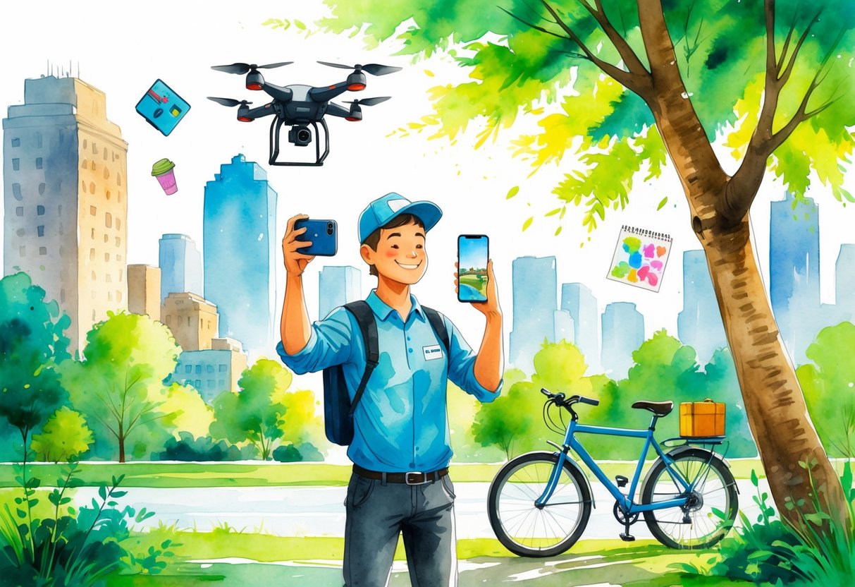 A delivery driver outdoors holding a smartphone, surrounded by a bicycle, a drone, and a sketchbook in a park with trees and city buildings in the background.