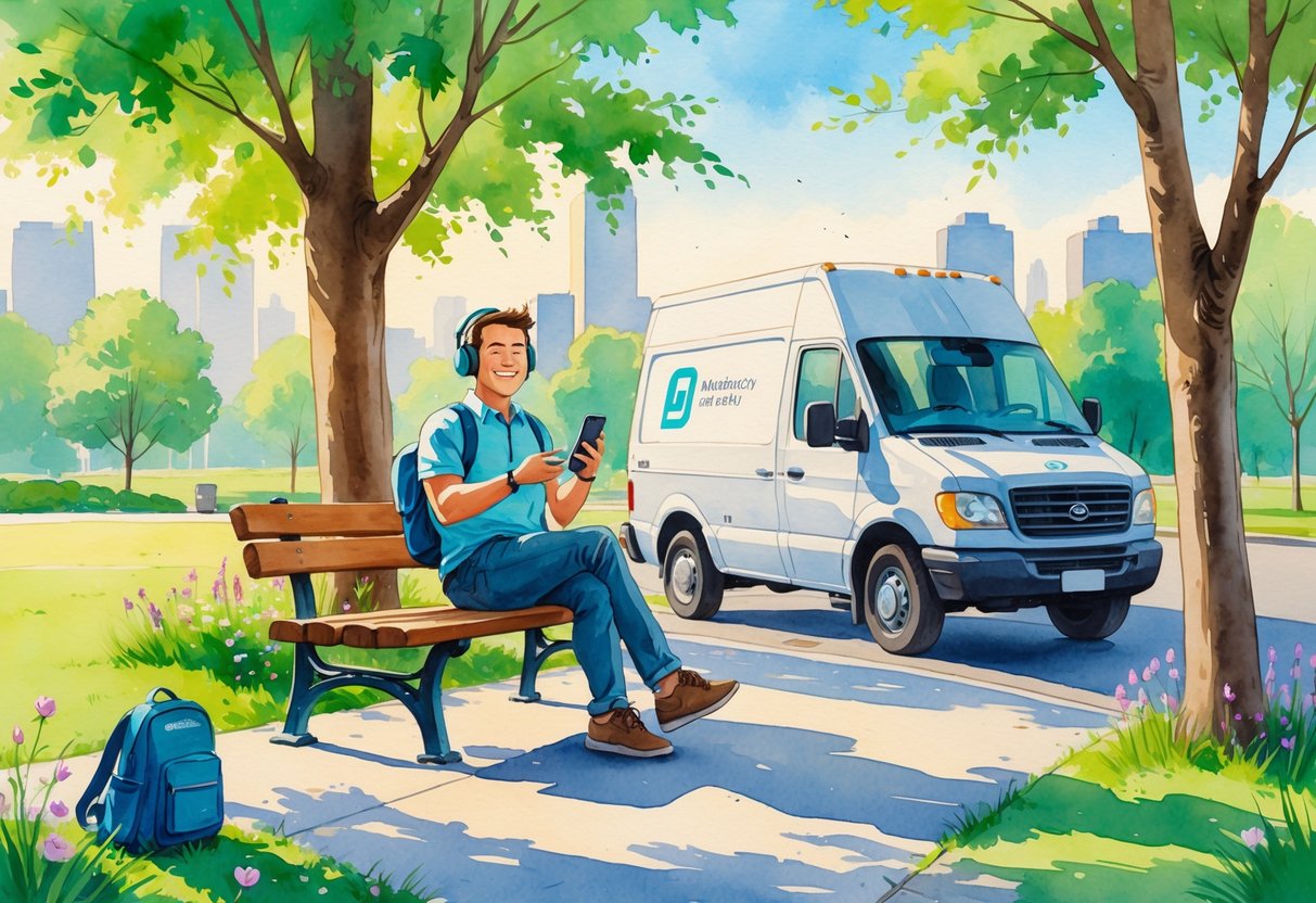 A delivery driver sitting on a park bench with headphones, holding a device and smiling, next to a delivery van in a peaceful park setting.