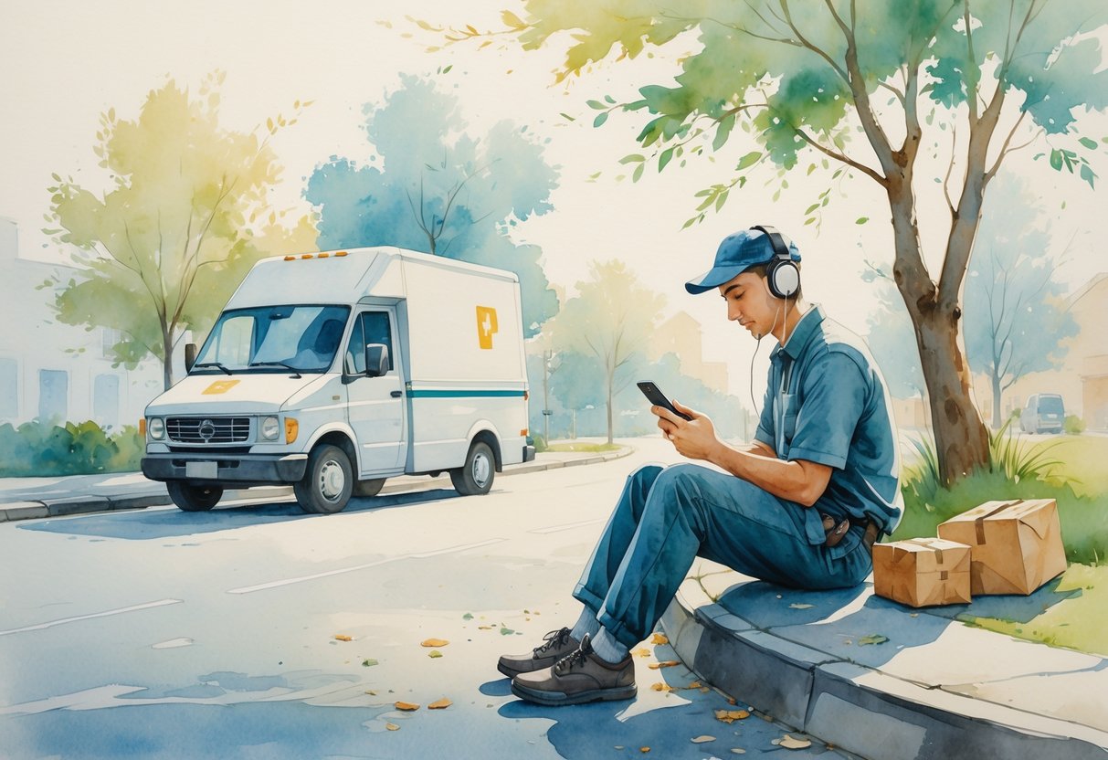 A delivery driver sitting on a curb by a parked van, listening to a podcast with earbuds and holding a smartphone, surrounded by trees and parcels.