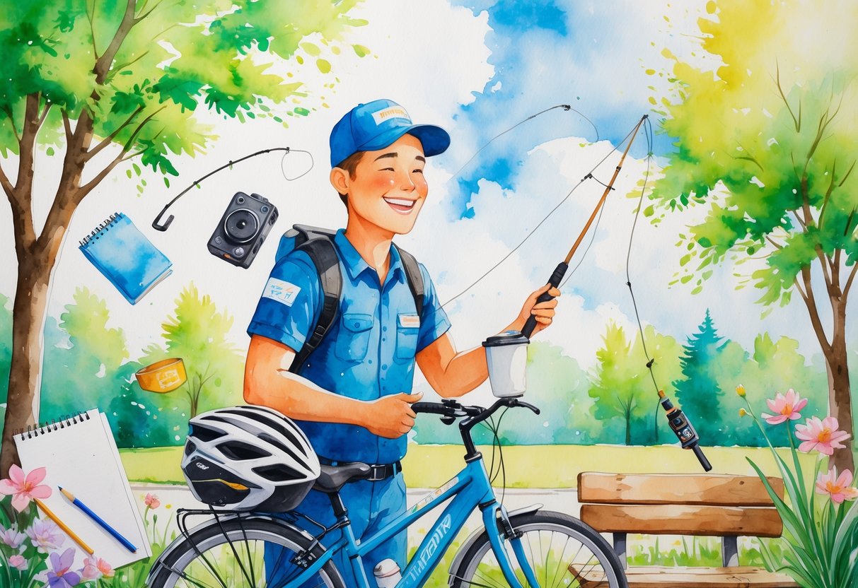 A delivery driver resting in a park surrounded by a bicycle, fishing rod, sketchbook, camera, and coffee cup.