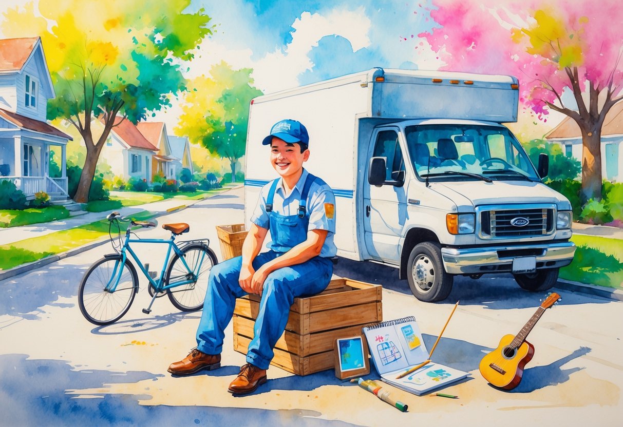A delivery driver sitting by their van on a quiet street, surrounded by items representing hobbies like a bicycle, fishing rod, sketchbook, guitar, and camera.