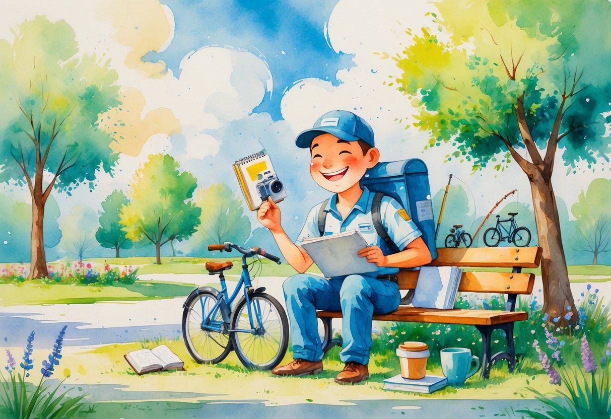 A delivery driver enjoying various hobbies outdoors in a park, surrounded by a bicycle, sketchbook, camera, fishing rod, and a book.