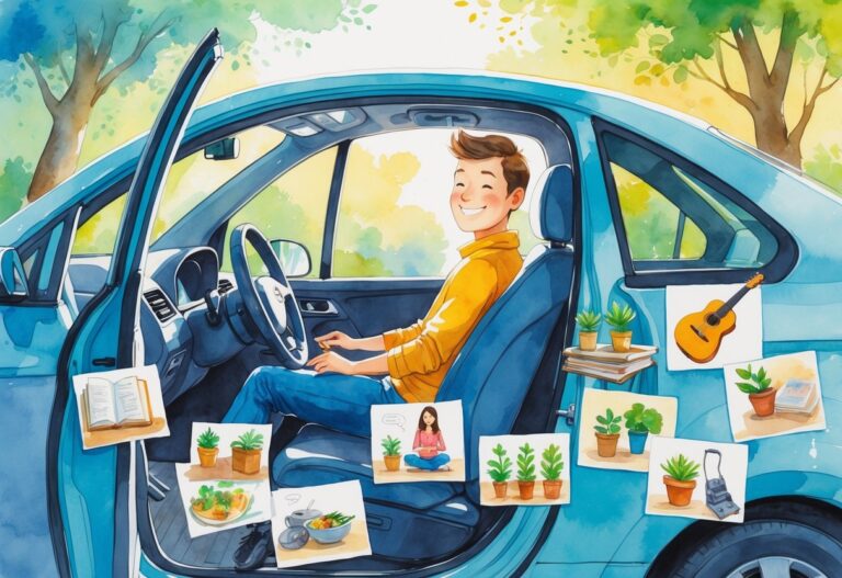 A driver sitting in a car surrounded by scenes of reading, knitting, playing guitar, drawing, yoga, gardening, cooking, photography, meditating, and listening to music.