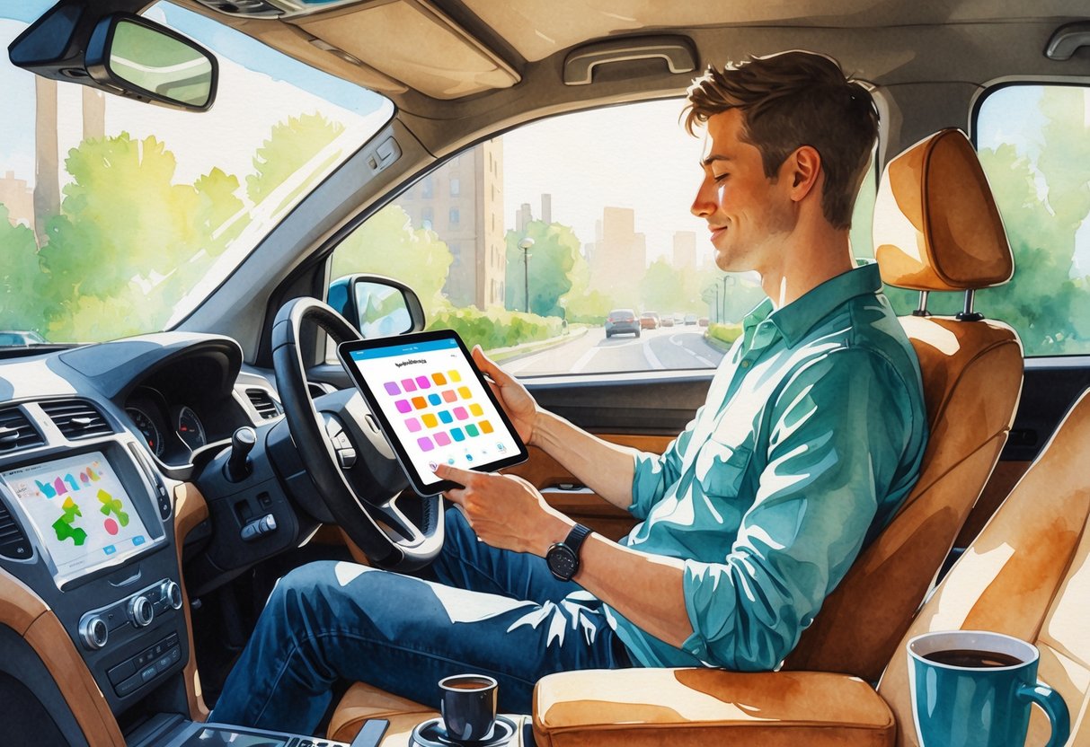 A person sitting in a car holding a tablet, playing a brain game during a break between rides.