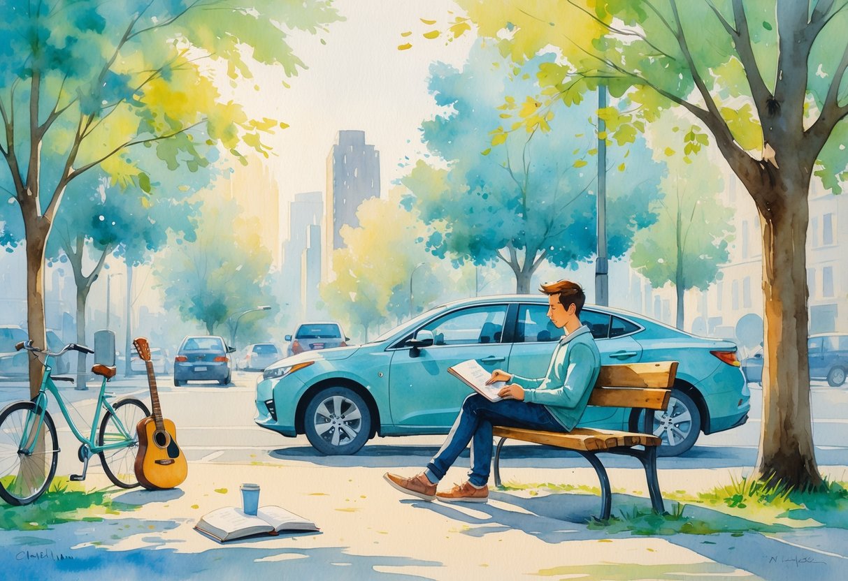 A person sitting on a park bench next to a parked car, holding a sketchbook, with a bicycle, guitar, and book nearby in a quiet urban park setting.