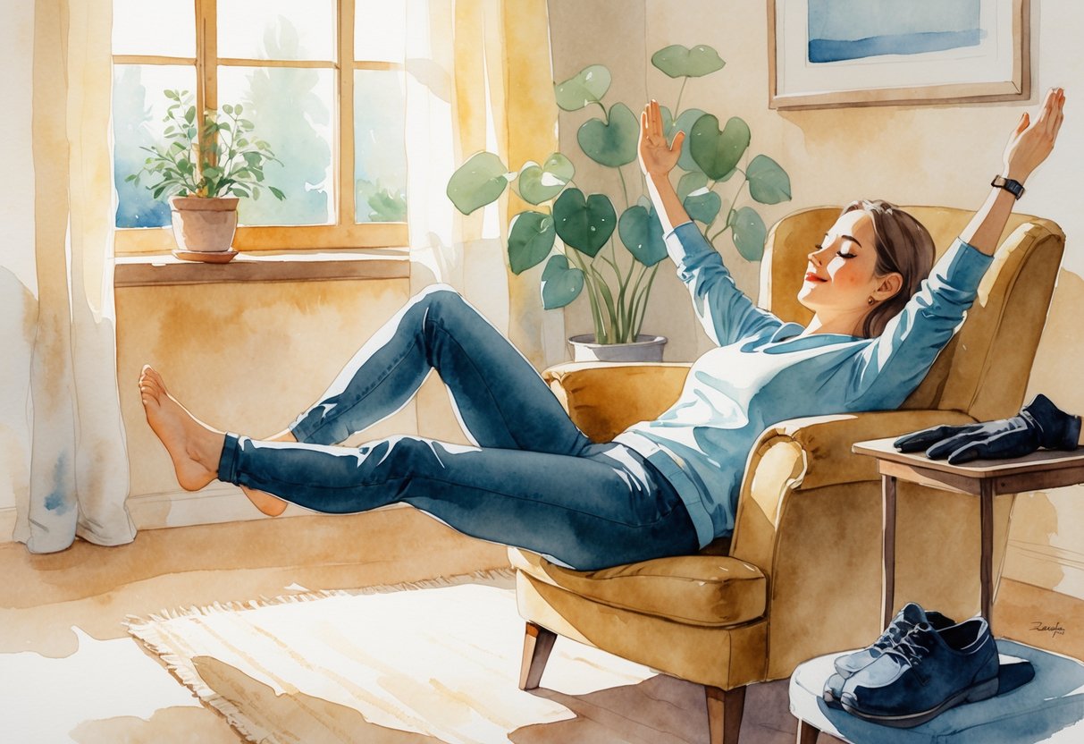 A person seated indoors doing light stretching exercises in a cozy room with natural light and a few personal items nearby.