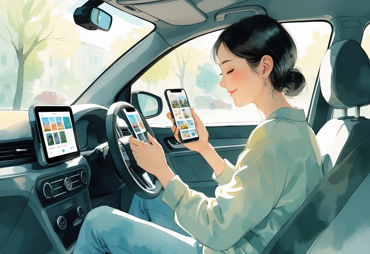 A person sitting in a car, looking at their phone and organizing digital photos, with a calm city view outside the window.