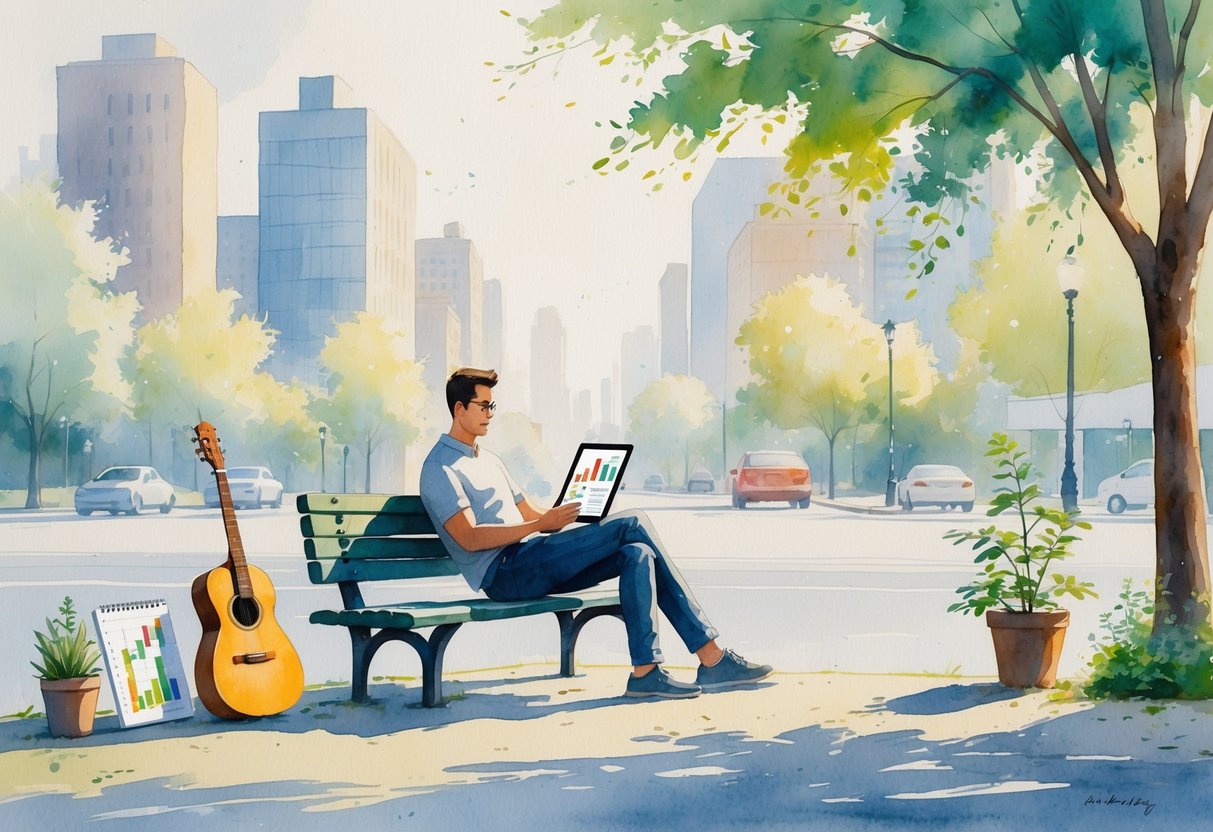 A rideshare driver sitting on a park bench next to their car, reading a tablet with stock market charts, surrounded by a guitar, sketchbook, potted plant, and coffee cup in a peaceful city park.