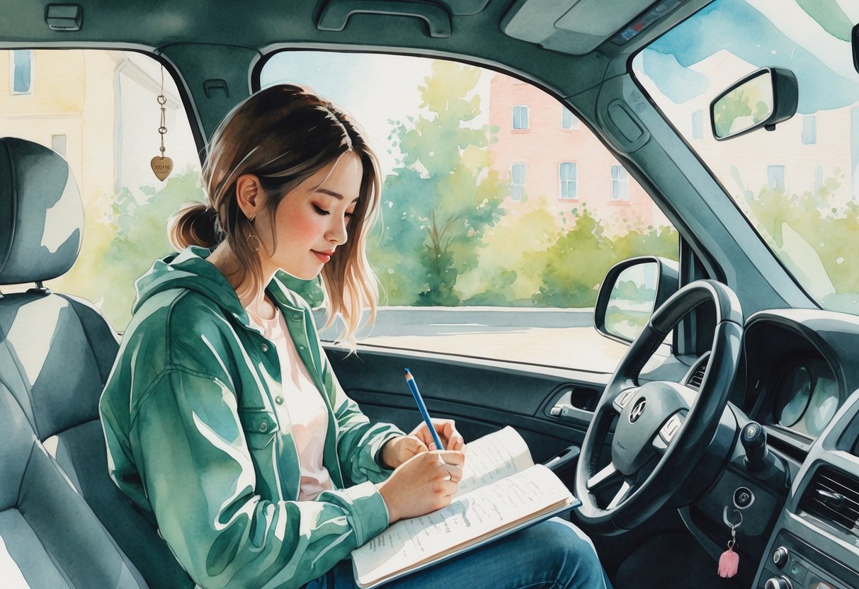 A person writing in a journal inside a parked car with a smartphone mounted on the dashboard, surrounded by a calm urban environment.