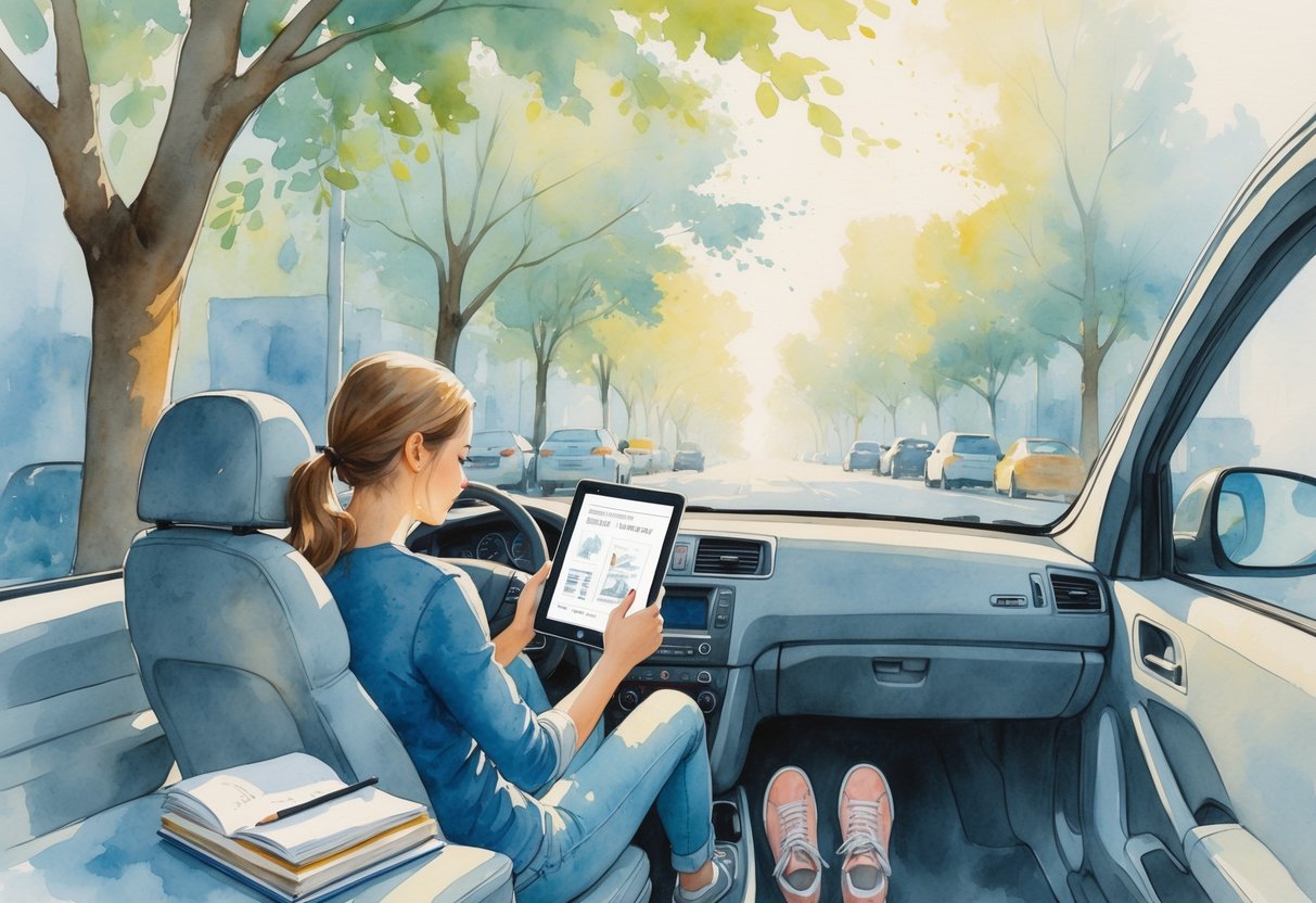 A person sitting inside a parked car reading an eBook on a tablet, surrounded by items representing hobbies like a sketchbook, guitar, coffee cup, and running shoes.