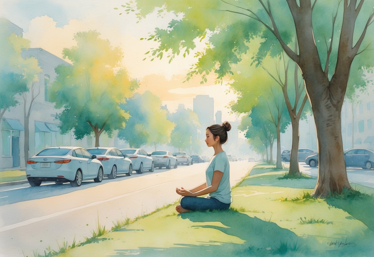 A person meditating peacefully outdoors near parked rideshare cars in a quiet urban setting.