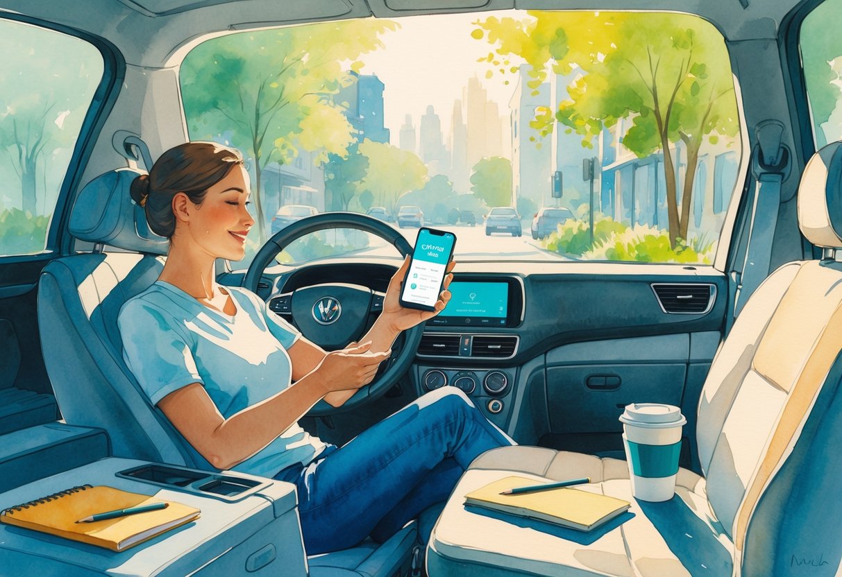 A rideshare driver sitting in a parked car using a smartphone while surrounded by items representing hobbies like sketching and listening to music, with a city street and trees outside.