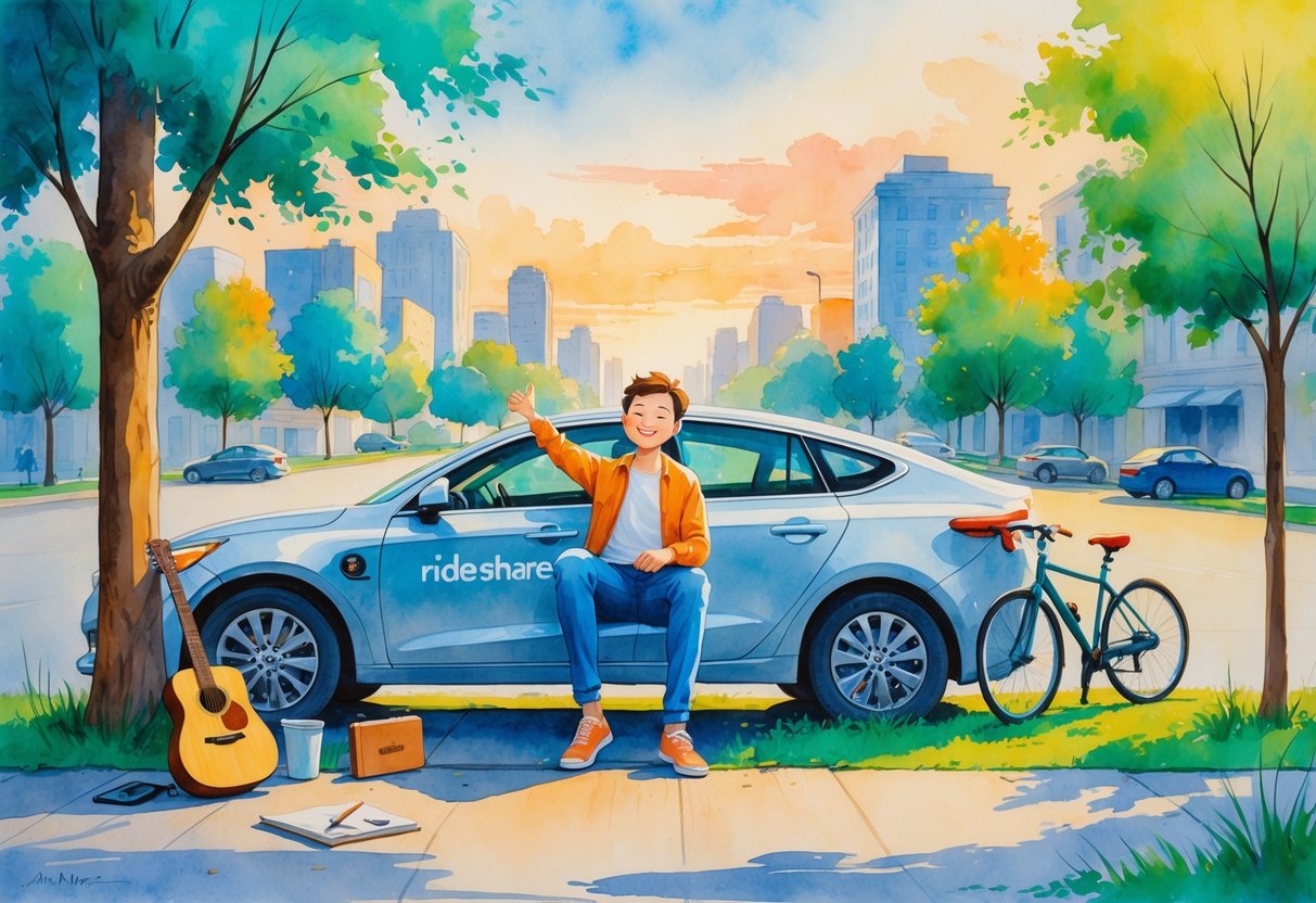 A rideshare driver sitting on a park bench next to their car, surrounded by items representing hobbies like a sketchbook, guitar, bicycle, and camera, with a cityscape and sunset in the background.