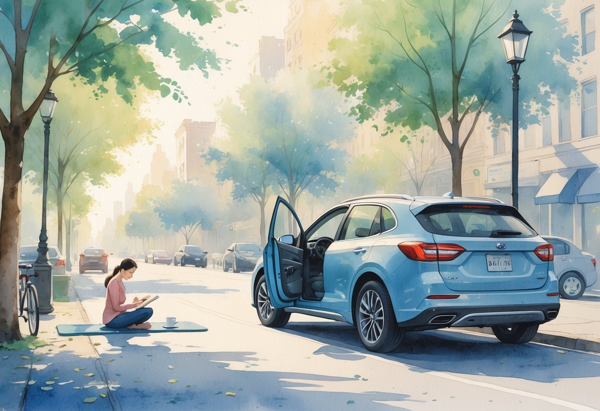 A person relaxing beside a parked car on a quiet city street, engaged in a peaceful hobby during a break.