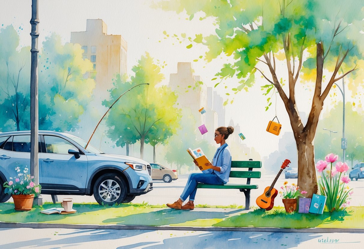 A rideshare driver sitting on a park bench next to their car, surrounded by items representing hobbies like fishing, drawing, cycling, gardening, reading, photography, and playing music in a calm city setting.