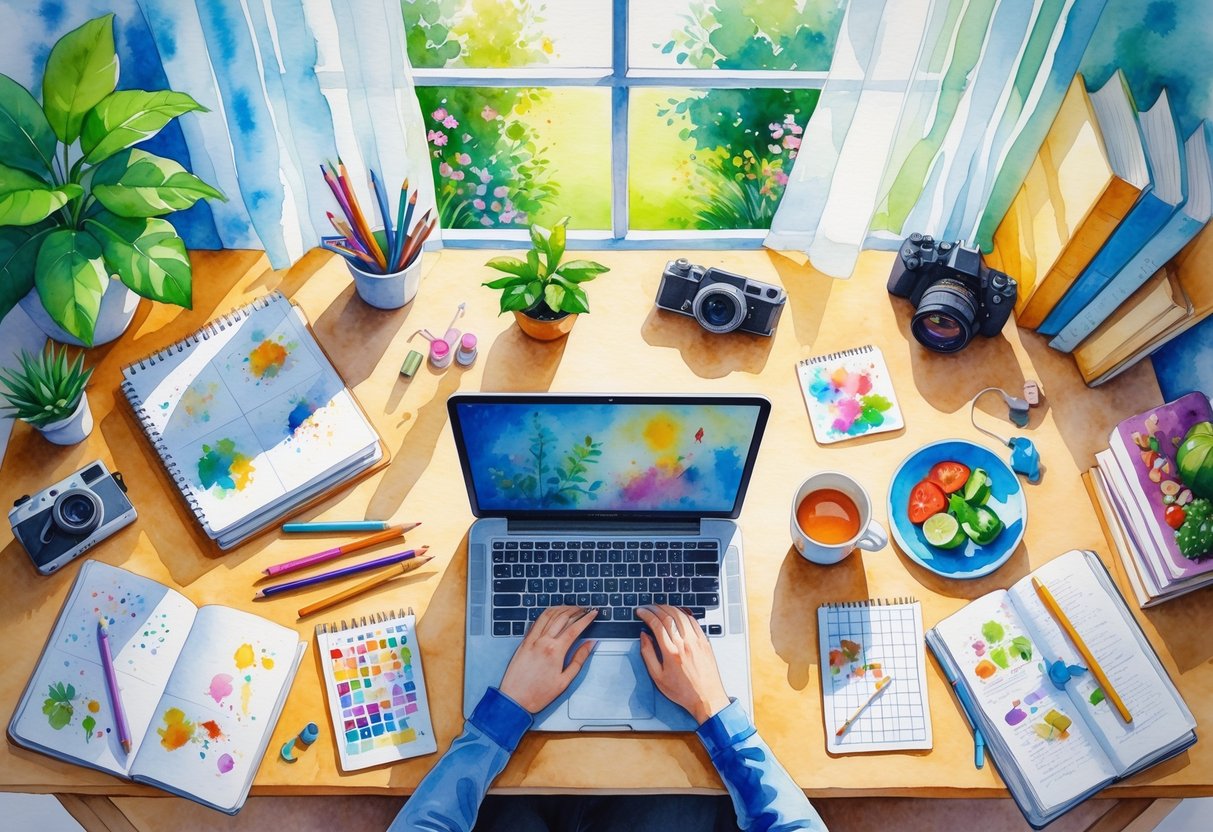 A sunlit workspace with a desk, laptop, indoor plant, and items representing various hobbies such as sketching, knitting, photography, running, music, cooking, reading, puzzles, and journaling.