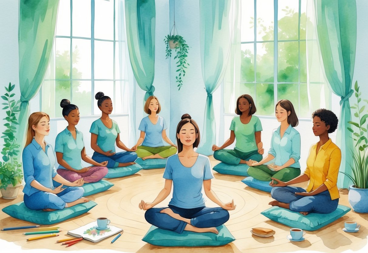 A group of people sitting in a circle meditating peacefully in a bright room with plants and sunlight.