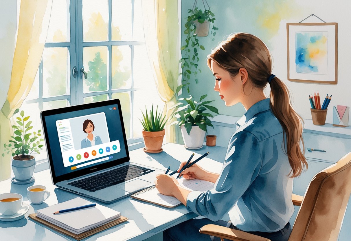 An administrative assistant sitting at a desk in a home office, attentively watching a laptop screen and taking notes.